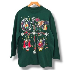 Vintage K.W.L.B.‎ Angel Christmas Sweatshirt Holiday Crewneck Pullover Green L